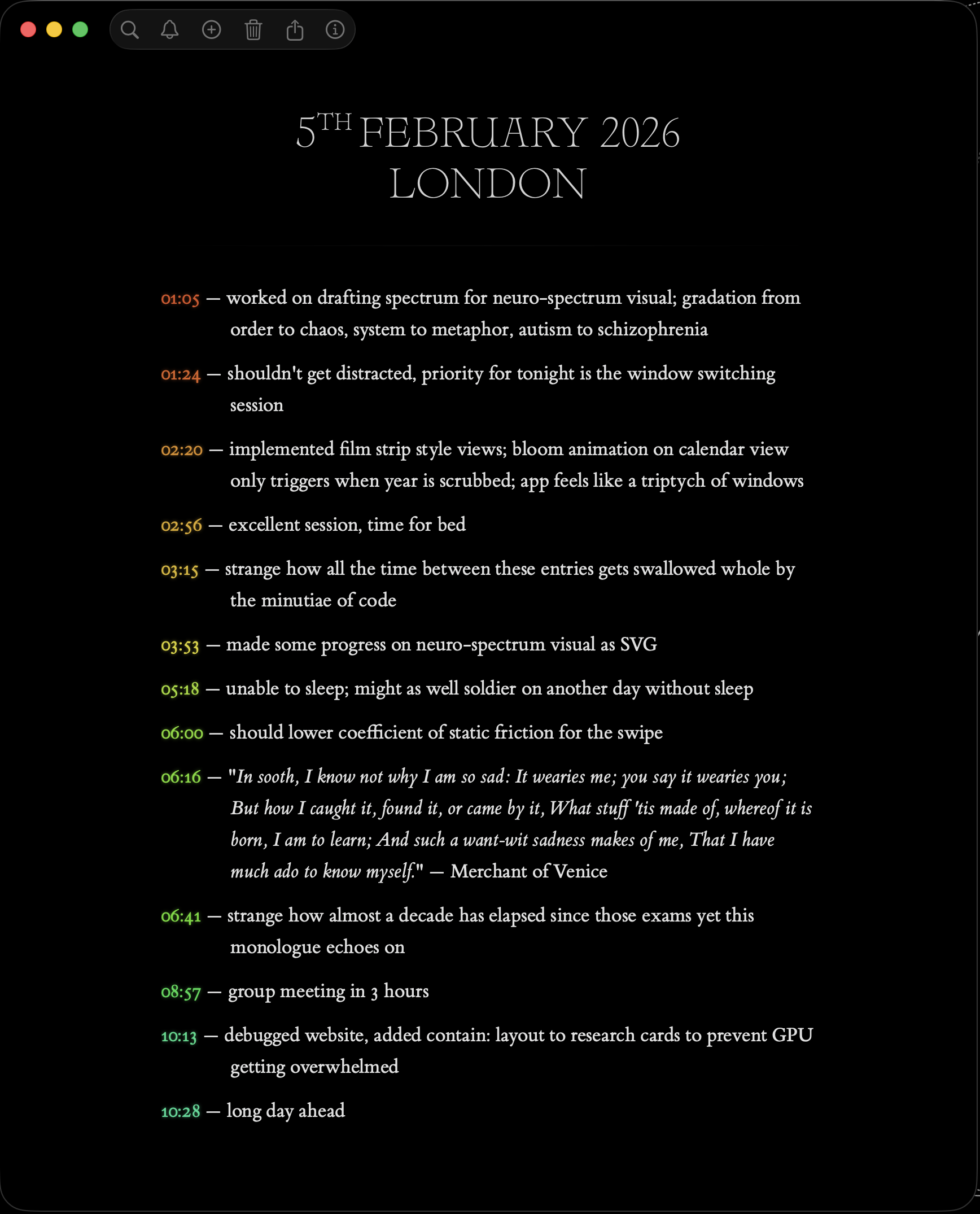 Chronicle surface — diary entry with time-coloured timestamps in Bembo