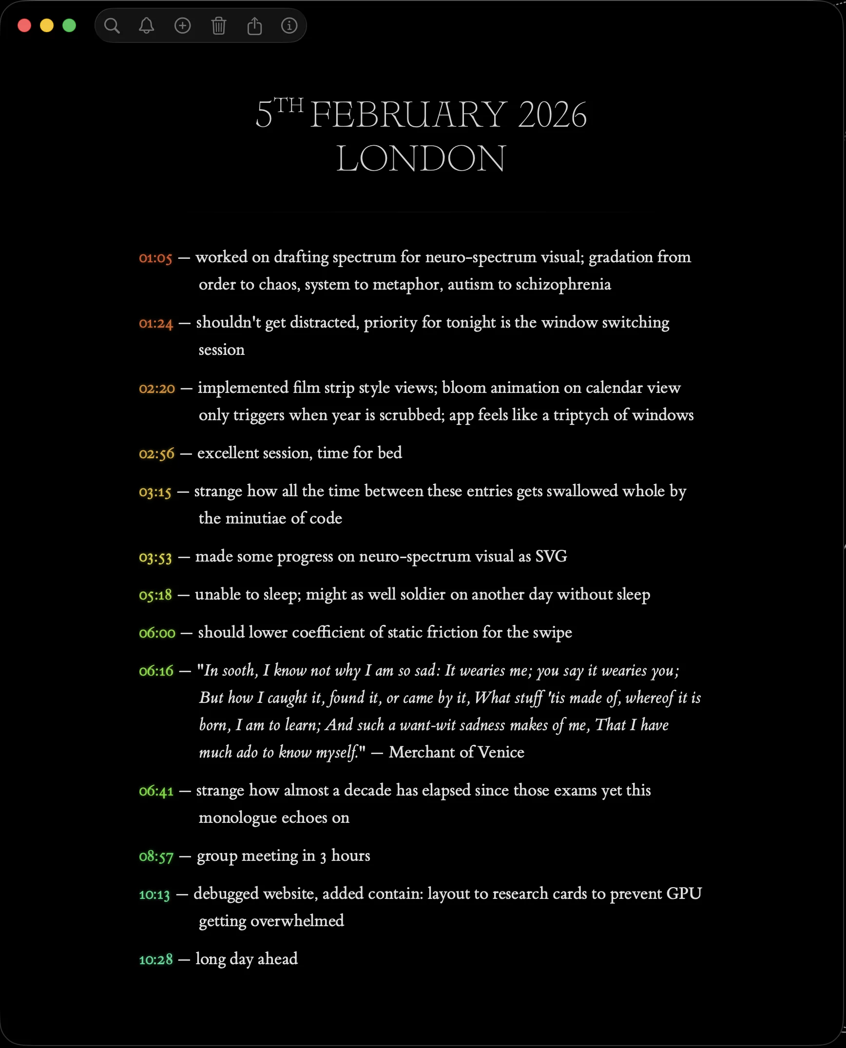 Chronicle — diary entry with time-coloured timestamps and full colour spectrum