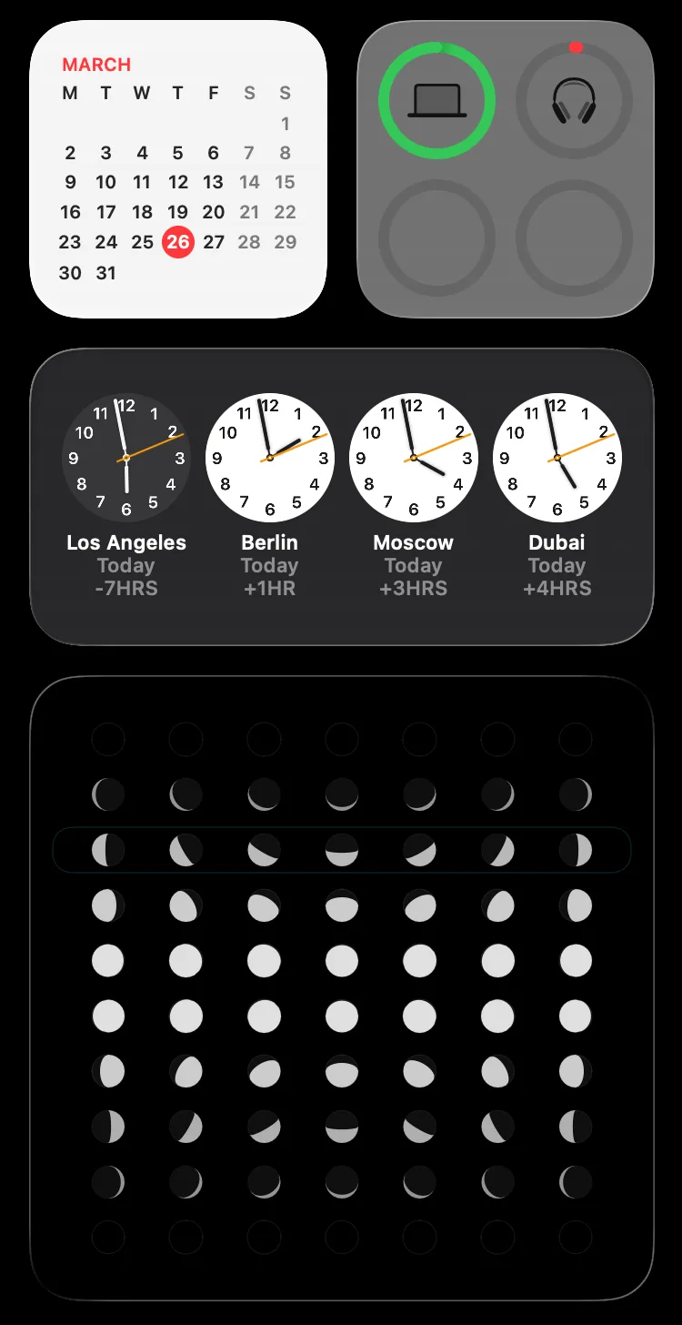 Aion Moon Phases widget alongside Calendar, Battery, and World Clock widgets on the macOS desktop